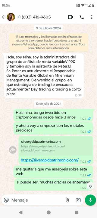 Mensaje asistente peter grupo estafadores criptomonedas