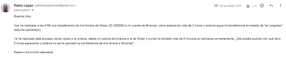 primera comunicacion con gityer por email informando problema de transferencia