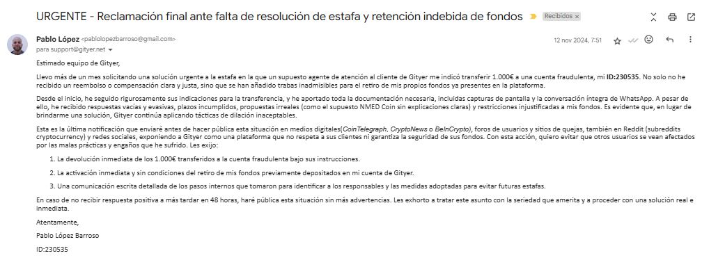 email 12 de noviembre a los estafadores de gityer